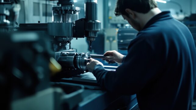An intricate view of a machinist fine-tuning a CNC machine in a precision engineering workshop, Precision engineering scene, Technical and focused style
