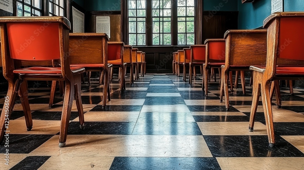 Poster a row of wooden chairs are empty in a classroom. the chairs are arranged in rows, with some facing t