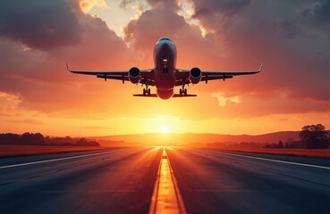 Airplane soars into sunset sky. Stunning aerial view of plane taking off at dusk. Aircraft ascends over runway during golden hour. Travel flight transportation.