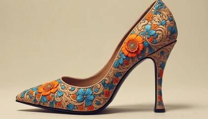Obraz premium Elegant high heel shoe with intricate floral design, crafted with artistic patterns, orange and blue flowers on luxury footwear, for modern art, vintage style and fashion concepts.