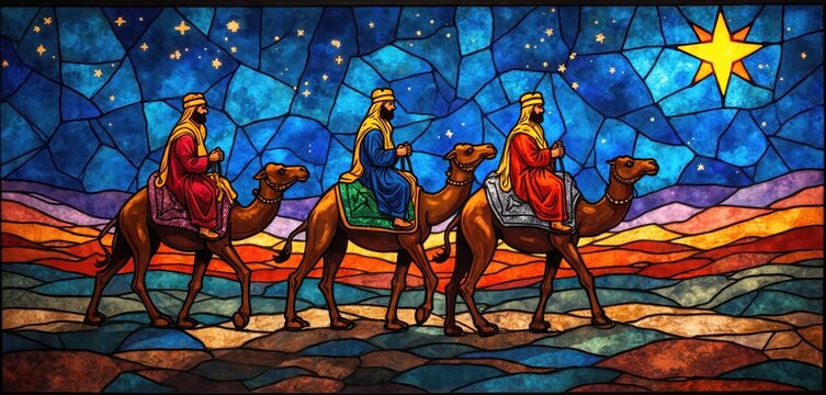 Stained glass art depicts three wise men on camels following Star of Bethlehem at night. Religious illustration of magi on journey in middle east desert.