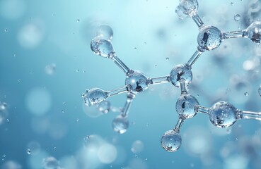 Close-up of transparent water molecule structure on blue background. Molecular biology science research nanotechnology backdrop. Useful for medical, healthcare, cosmetic industry product demo.
