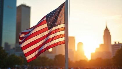 Naklejka premium American flag waves against city buildings in sunset. Symbol of patriotism national pride. Stars and stripes flapping in wind. National holiday celebration, memorial day, independence.