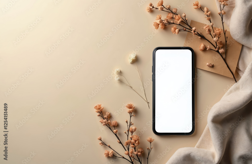 Poster mockup of blank screen mobile phone with copy space. beige neutral background with dry floral branch