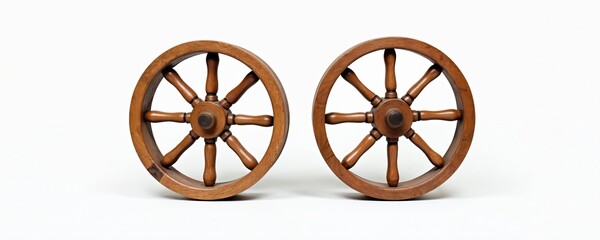 Two similar wooden wheels demonstrate vintage craftsmanship design for decor education. Ornate woodwork shows spokes radiating round hub, placed side-by-side on clean white backdrop. Great product