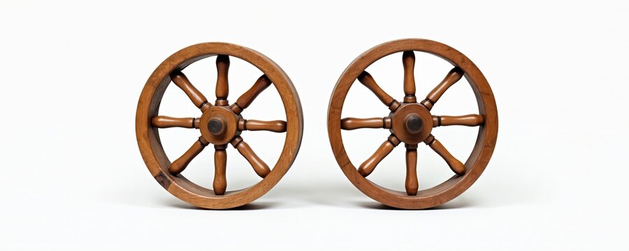 Two similar wooden wheels demonstrate vintage craftsmanship design for decor education. Ornate woodwork shows spokes radiating round hub, placed side-by-side on clean white backdrop. Great product