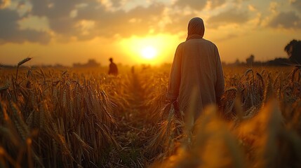 Indo Pak rural field at sunset with farmers from different castes working side by side their simple clothing and tired expressions showing a shared sense of struggle despite their social divisions