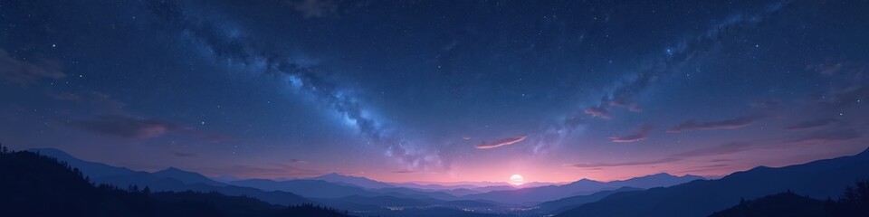 Night sky with milky way above mountain range. Pink horizon, stars, nebula. Dark blue, purple color palette. Dreamlike aethereal romantic scenery. Inspirational wallpaper, design, print art.