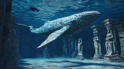 Whale swimming through ancient underwater temple ruins with statues, surreal marine life exploration in deep ocean fantasy scene. Underwater Temples. Illustration
