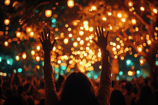 Celebratory lantern festival urban park nighttime event magical atmosphere audience viewpoint community spirit