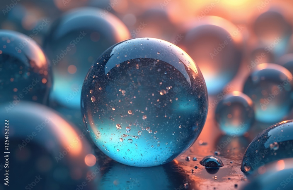 Poster illustration of 3d spheres with blue, cyan shades. transparent bubbles with bokeh effect, futuristic