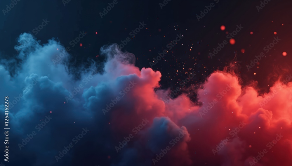 Poster Dramatic abstract smoky clouds in dark blue, vibrant red colors with scattered particles. Dynamic smoke effect flow with visual contrast. Dreamy modern digital flowing background art.
