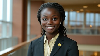 A woman in a business suit with a yellow badge on her lapel. She is smiling and looking directly at the camera