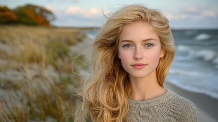 Fototapeta premium A blonde woman with long hair stands on a beach. She is wearing a sweater and has a smile on her face