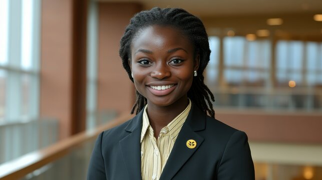 A woman in a business suit with a yellow badge on her lapel. She is smiling and looking directly at the camera