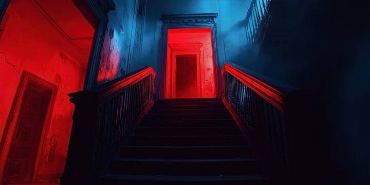Moody staircase ascending towards a mysterious red doorway, evoking a sense of suspense and the unknown. Ominous yet intriguing atmosphere. - Powered by Adobe