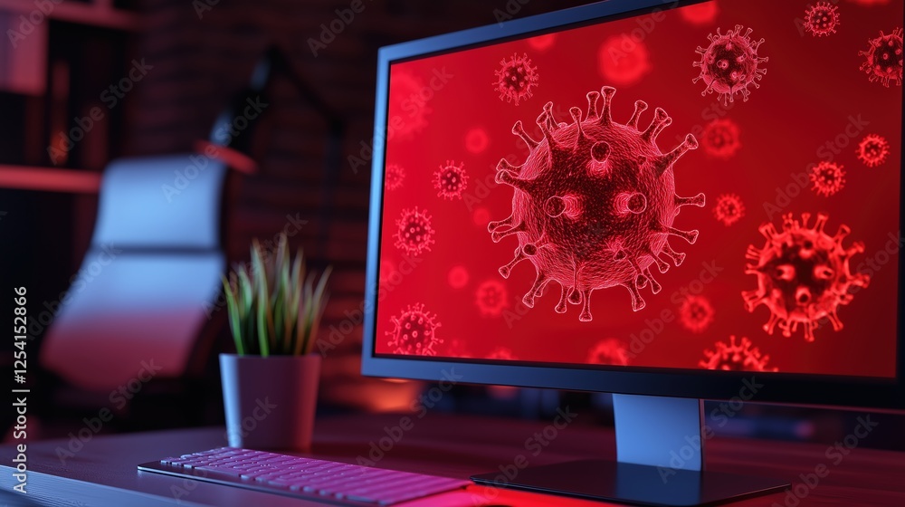 Poster computer screen displays vivid rendering of microscopic virus. home office is illuminated with red l