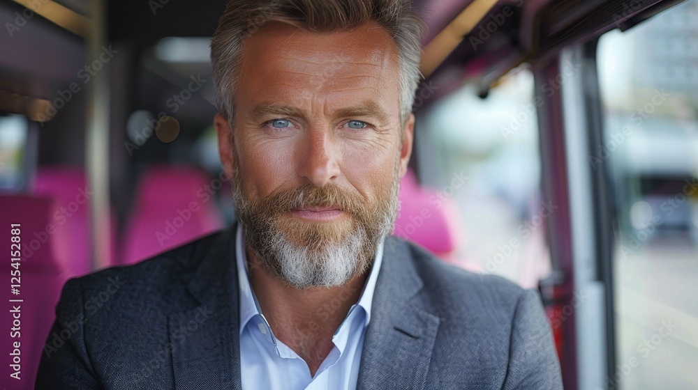 Poster a man with a beard and a suit is sitting in a bus. he is smiling and looking at the camera