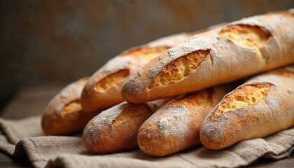 Rustic array of freshly baked french baguettes resting on cloth. Golden crust artisanal bread close-up for culinary blog or bakehouse promo. Warm classic food.