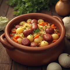 Traditional dish Cozido das Furnas served in ceramic pot. Portuguese cuisine stew with meat, potatoes, carrots, sausage, pasta served on table. Azores island popular meal.