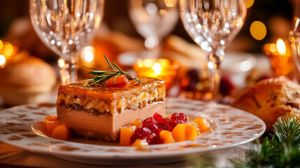 Haute cuisine close-up, foie gras terrine with fruit compote, fine dining table, warm candlelit lighting_3