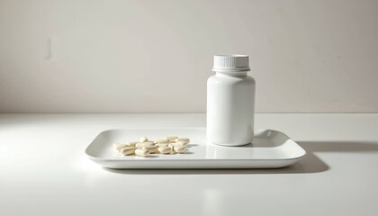White bottle and pills on tray. Capsules, drugs and supplements for health, wellness and treatment. Pharmaceutical product. Minimalist healthcare image. Remedy for disease and pain.