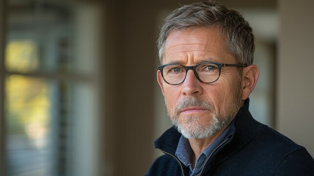 A man with glasses and a beard is wearing a black jacket and looking at the camera. He is in a serious or contemplative mood