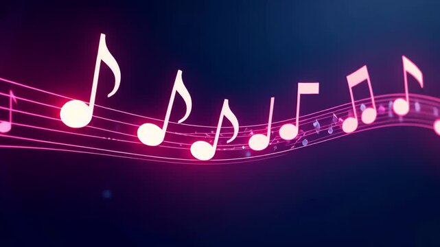 Neon pink notes are placed on the note track against a dark background in the center, they move and bounce. Concept of music, playing musical instruments, sounds