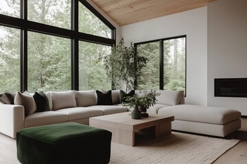 Spacious Modern Living Room open-concept living room with expansive black-framed windows, a high wooden ceiling, and contemporary furniture