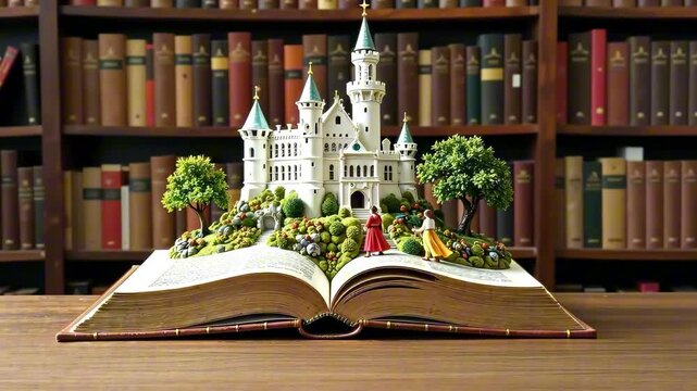 An open book, on the pages of which there is a white castle with trees and figures of people, slowly approaches against the background of bookshelves. The concept of the novel, the Middle Ages