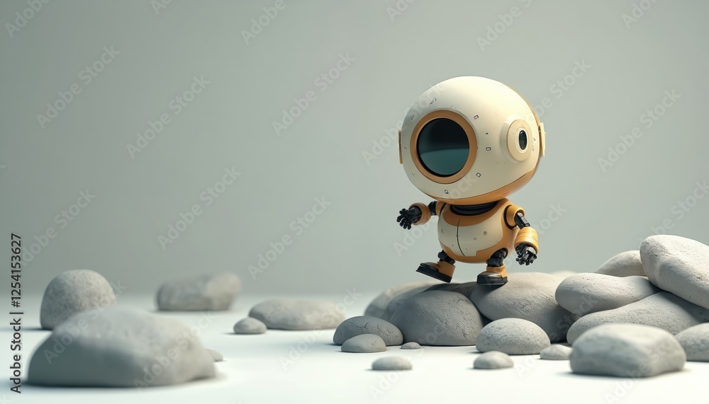 Poster illustration of cute robot navigating rocky terrain, light gray background. ai bot walks on pebbles,