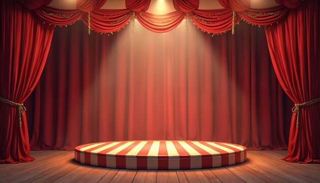 Empty circus stage illustration with red curtains, striped platform, lights. Theatre interior, wooden floor. Spotlights illuminate round stage. Entertainment concept background. Carnival festive