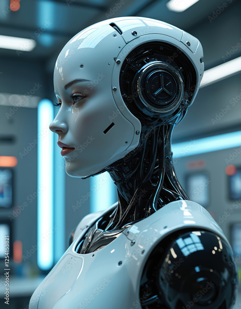 Poster side view of advanced humanoid robot ai in futuristic lab. high tech environment with modern tech, c