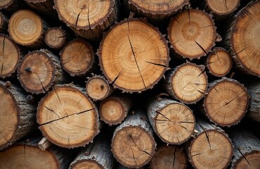 Detailed view of stacked wooden logs pile. Tree trunks cut to timber. Lumber material texture, pattern for forestry, logging themes. Natural earthy rustic background.