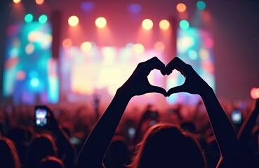 Silhouettes of crowd at concert raising hands in heart shape. Summer music festival lights. Active audience enjoys live performance. Stage lights in background.