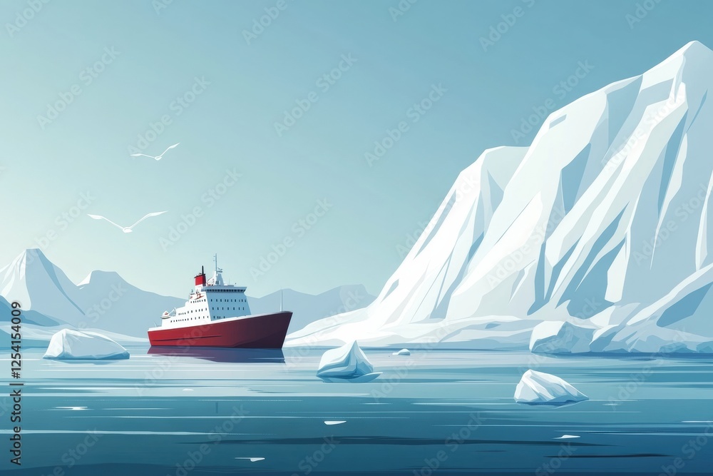 Poster Icebergs and a ship navigate calm waters near a distant mountain range in polar environment during clear weather. Generative AI