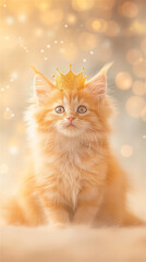 The cute, ginger kitten proudly wears a shiny, golden crown on her adorable head, sitting comfortably on a cozy bed and looking quite regal.