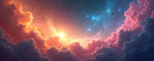 Illustration of cosmic sky with clouds, vibrant pink, blue, orange colors. Stardust nebula night sky background. Fantasy art. Science, astronomy, space exploration themes.