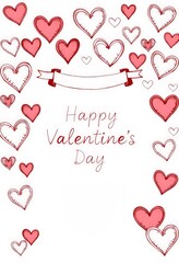Ein verspieltes Kartenmotiv im Doodle-Stil mit roten und rosa Herzen als Rahmen und der Aufschrift „Happy Valentine’s Day“. Perfekt für romantische Grüße. Generative KI