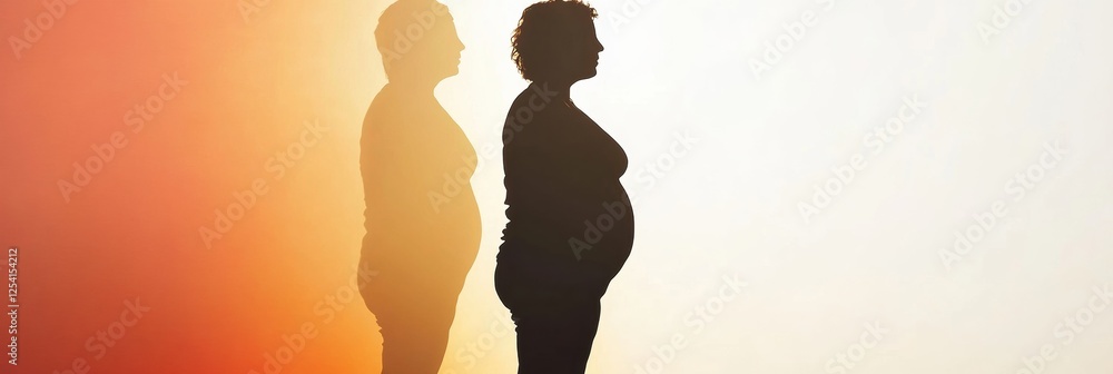 Poster silhouette of person showing dramatic weight loss transformation in profile view during sunset. gene