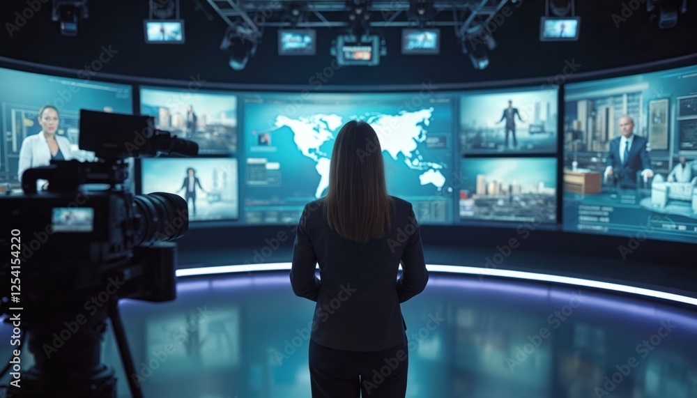 Poster tv studio set with large screens and camera. woman stands in news broadcast room with world map on b