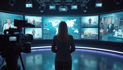 TV studio set with large screens and camera. Woman stands in news broadcast room with world map on background monitor. TV presenter works. Generative AI.