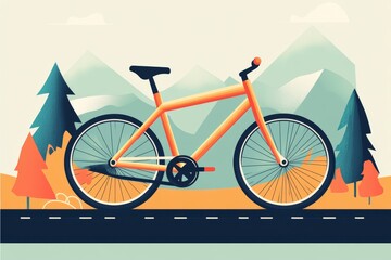 Fototapeta premium Orange bicycle parked on a mountain road celebrating national bicycle month