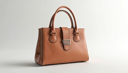 Naklejka premium Stylish leather handbag with metal clasp isolated on white background. Fashionable brown purse, elegance accessory. Woman glamour baggage and design. Beauty product for store and clothing.