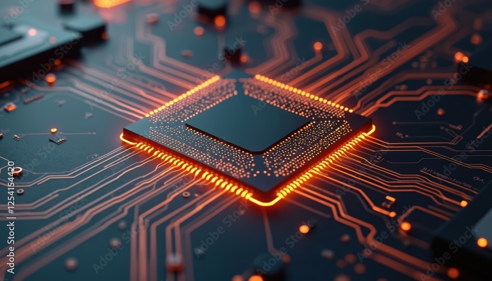 Leinwandbilder illustration microchip 3d shows worldwide chip shortage. orange circuit lines on board. computer tec