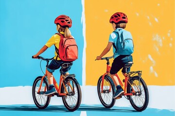 Fototapeta premium Two elementary school students riding bikes with backpacks and helmets