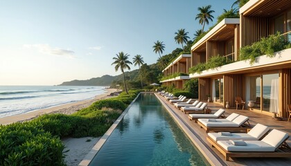 Eco hotel with rich green plants, ocean views, pool. Tropical resort boasts modern architecture, relaxation, nature, palm trees, plants. Sustainable travel, luxury, peaceful summer landscape, water,