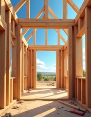 Wooden house construction on sunny day. Blue sky. Framing of modern building. Timber frame home. House under construction. Lumber framework structure. Beams create geometric architectural pattern.