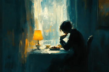 Woman in red dress sitting at table, gazing into the distance, hand on her chin, with a distant cityscape visible through a window behind her.