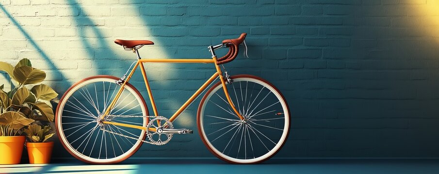 Yellow bicycle leaning against brick wall with potted plants
